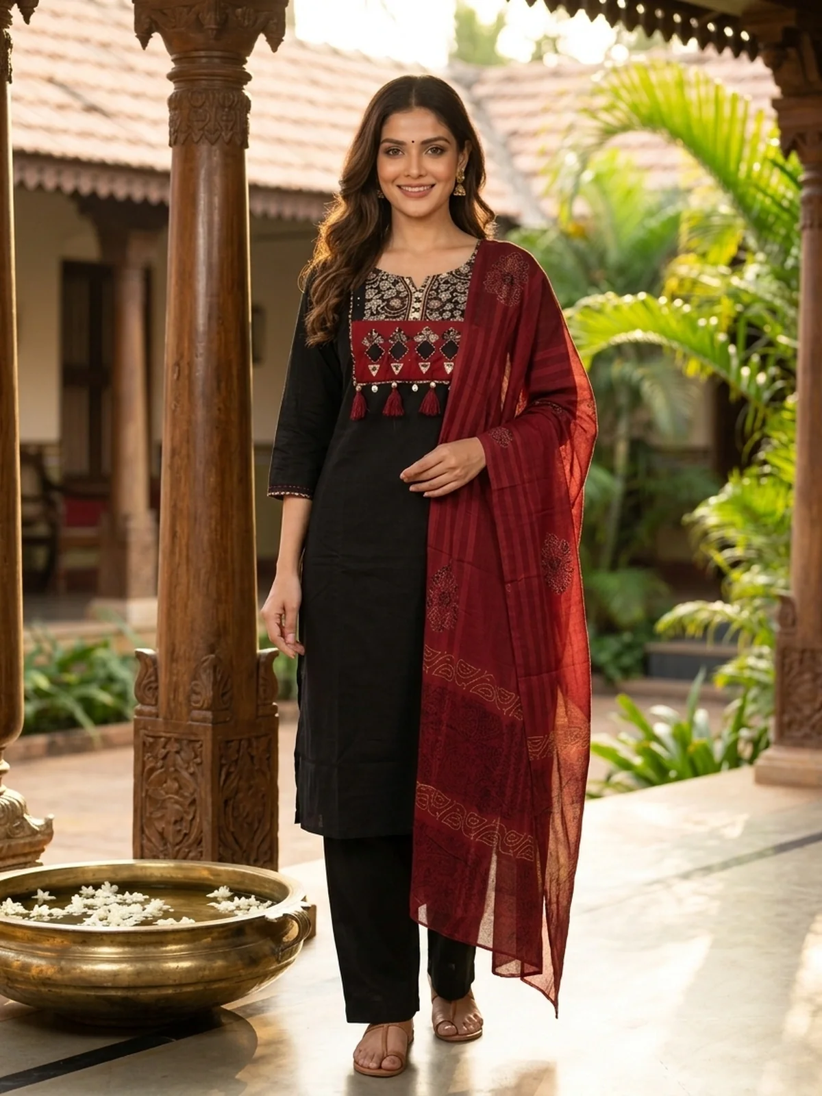 Black Kurti Set with Maroon Dupatta