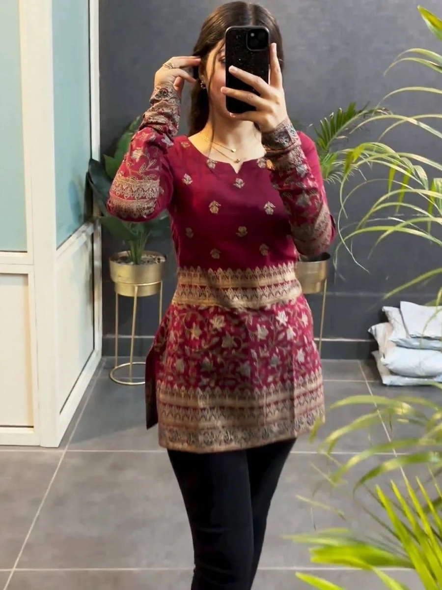 Maroon Floral Mirror Short Kurti
